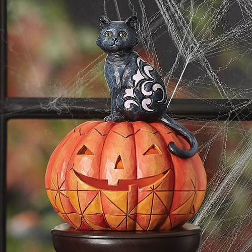 ✤ Neu JIM SHORE Figur KÜRBIS SCHWARZE KATZE leuchtet LED Halloween lila Deko