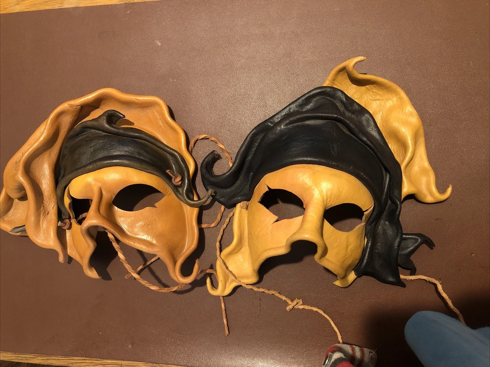Handmade 2 Leather Masquerade Mask Signed By Joma RARE Sculpted Fantasy Cosplay
