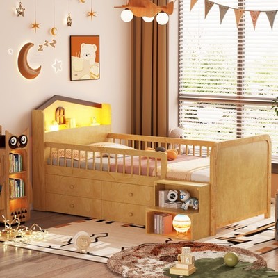 Low Loft Bed with LED Lights, Wooden Twin Loft Bed with House Shape Headboard,