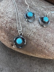 Sterling Silver Native American Necklace & Earring Set Turquoise Navajo Made
