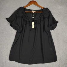 Max Studio Top Women Medium Black Ruffle Short Sleeve Tie Neck Blouse Preppy NWT