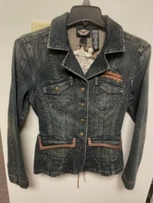 Harley Davidson Classy Form Fitting Stone Wash Denim Jacket Womens Medium Nice!!