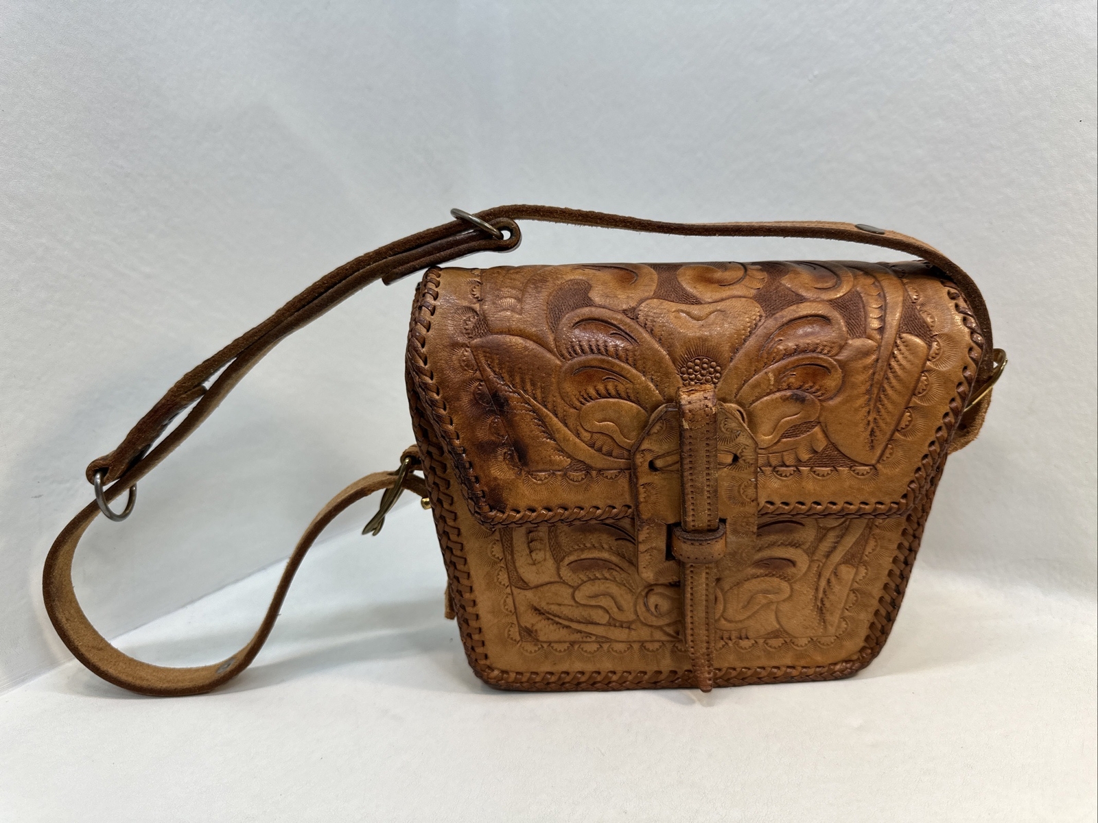 Vintage Western Hand Tooled Brown Leather Shoulde… - image 1