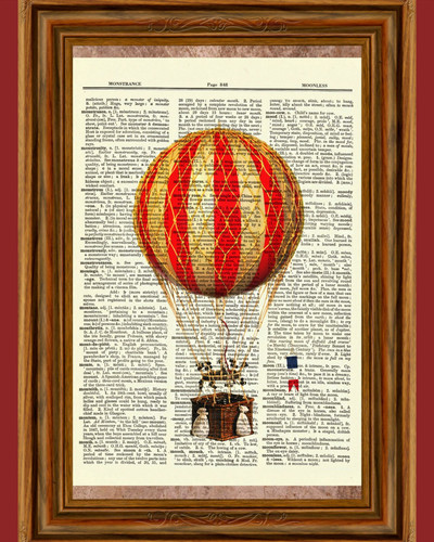 Vintage Retro Hot Air Balloon Dictionary Curious Art Print Poster Picture OOAK