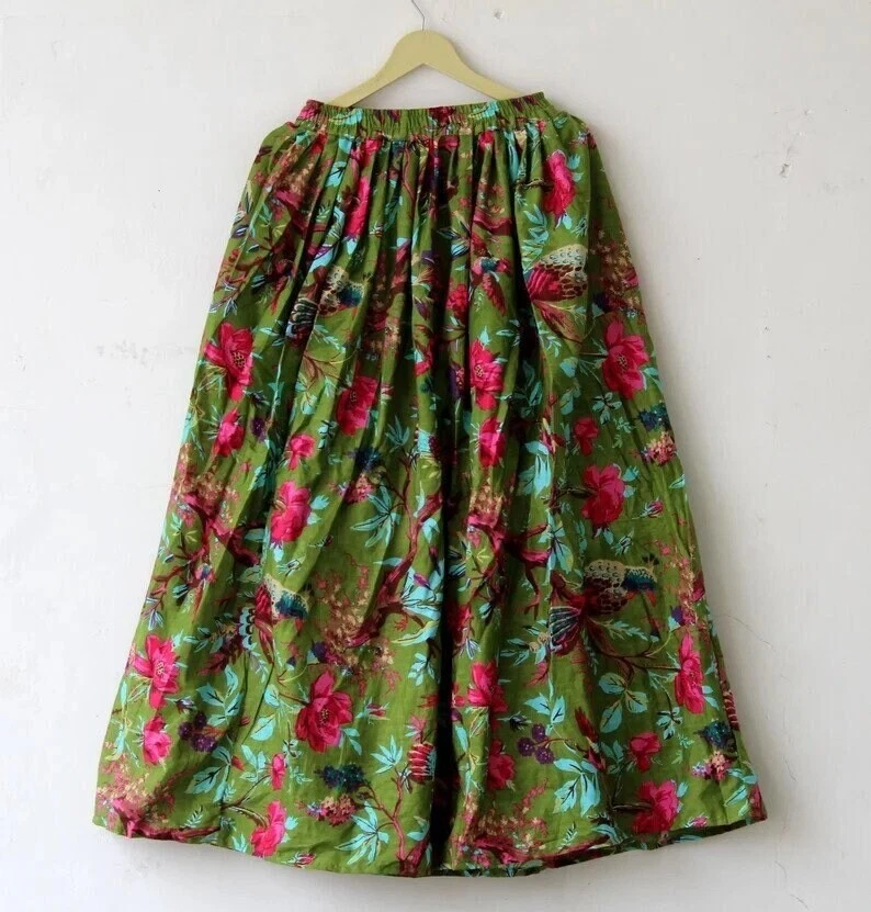 Indian Green Bird Skirt Cotton Skirt, Long Skirt, Free Size Beachwear Skirt AU