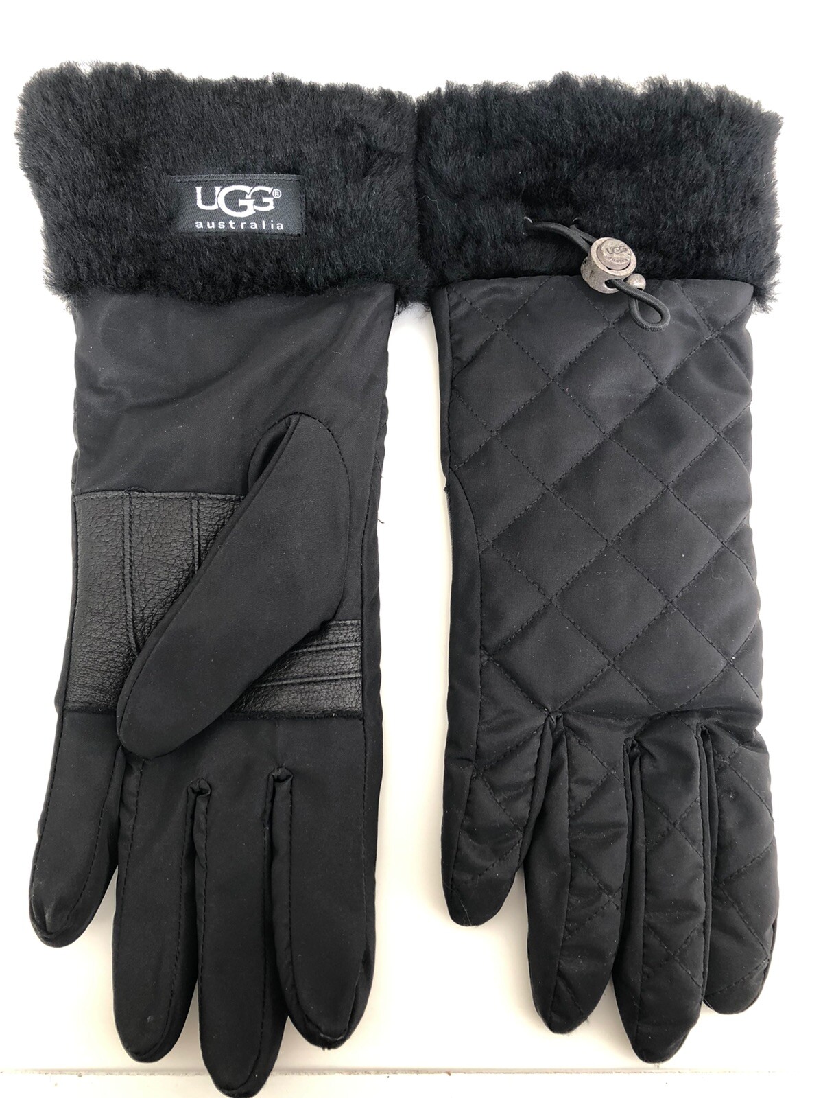 Ugg black nylon and leather gloves. Fur cuffs with toggles image 2
