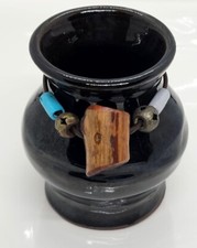 Small Art Pottery Brown Vase Signed Marked KGS Wood Metal Turquoise Design 3