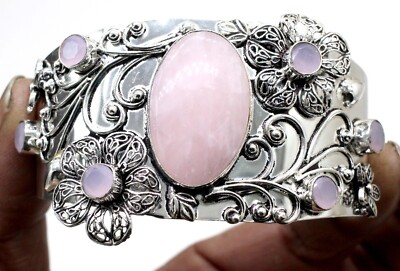 925 Sterling Silver Pink Rose Quartz Gemstone Jewelry Cuff Bracelet Size-ADJ''