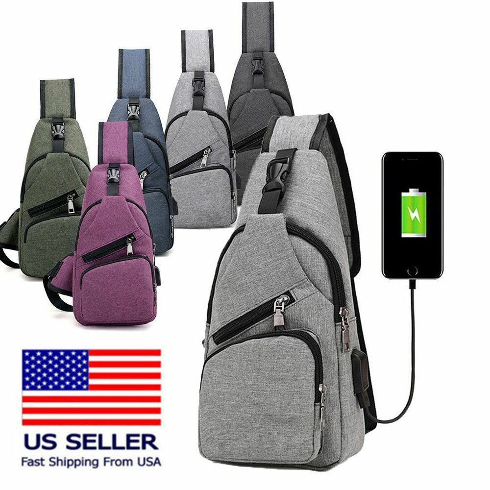 Men Women Sling Chest Pack Cross Body Shoulder USB Charging Port Sport Nylon Bag