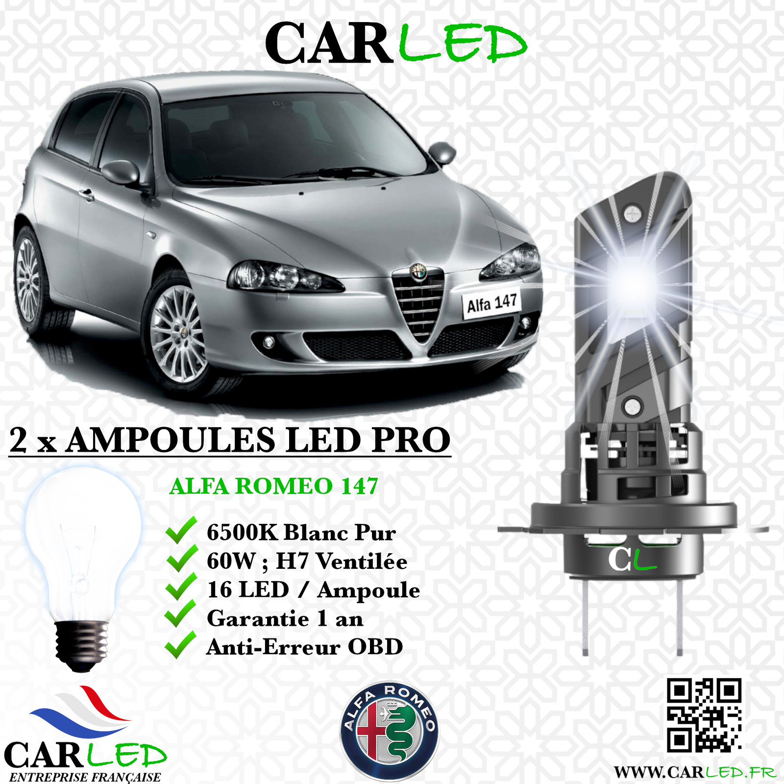 Ampoule LED Alfa Romeo 147 anti erreur de feux de route ventilé