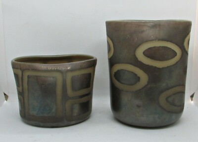 Adam Aaronson 2 Translucent Beige Glass Vessels w/ Square/Circular Figurations