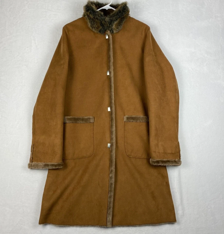 Abrigo Articwear By Oleg Cassini para mujer talla 12 marrón imitación gamuza piel bolsillos a presión Foto 2 de 4