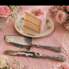 Stainless Steel Silver Cake Knife  Server Set 2pc Vintage Floral Glossy