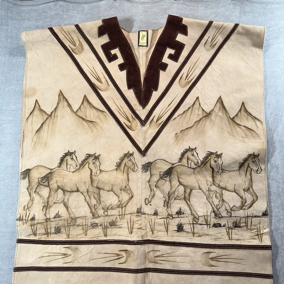 Authentic Leather Handmade Poncho Horses Artisan Fringe Mejia Made In Mexico - Image 2 of 4