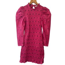 Ulla Johnson Pink Aurele Smocked Silk Blend Puff Sleeve Mini Dress Size 0