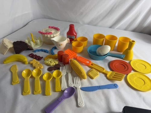 Vintage 80’s Lot Fisher Price Play Kitchen Pretend Dishes & Food