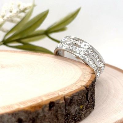 8mm Stylish Unisex Titanium Ring Dual CZ Diamond Row Hypoallergenic Wedding Band