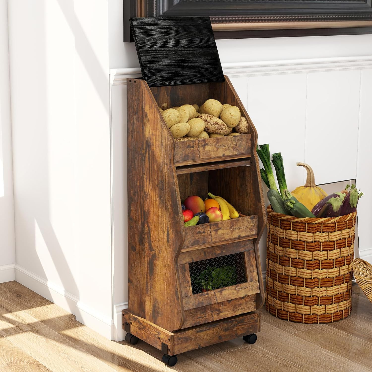 Wooden Potato Onion Storage Bin with Wheels Rustic Kitchen Vegetable Organizer