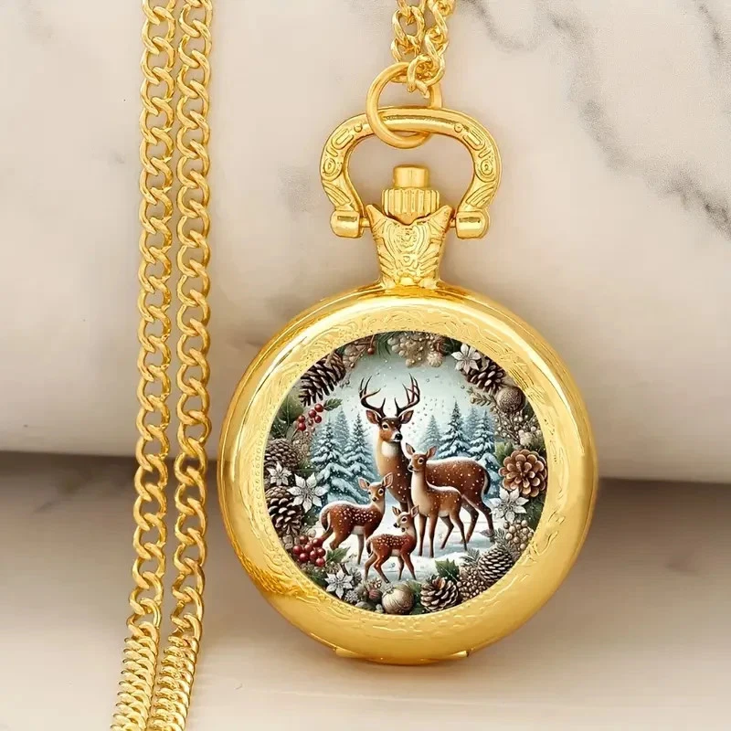 Vintage Golden Quartz Pocket Watch with Deer & Forest Design World Time Gift - Image 3 of 4