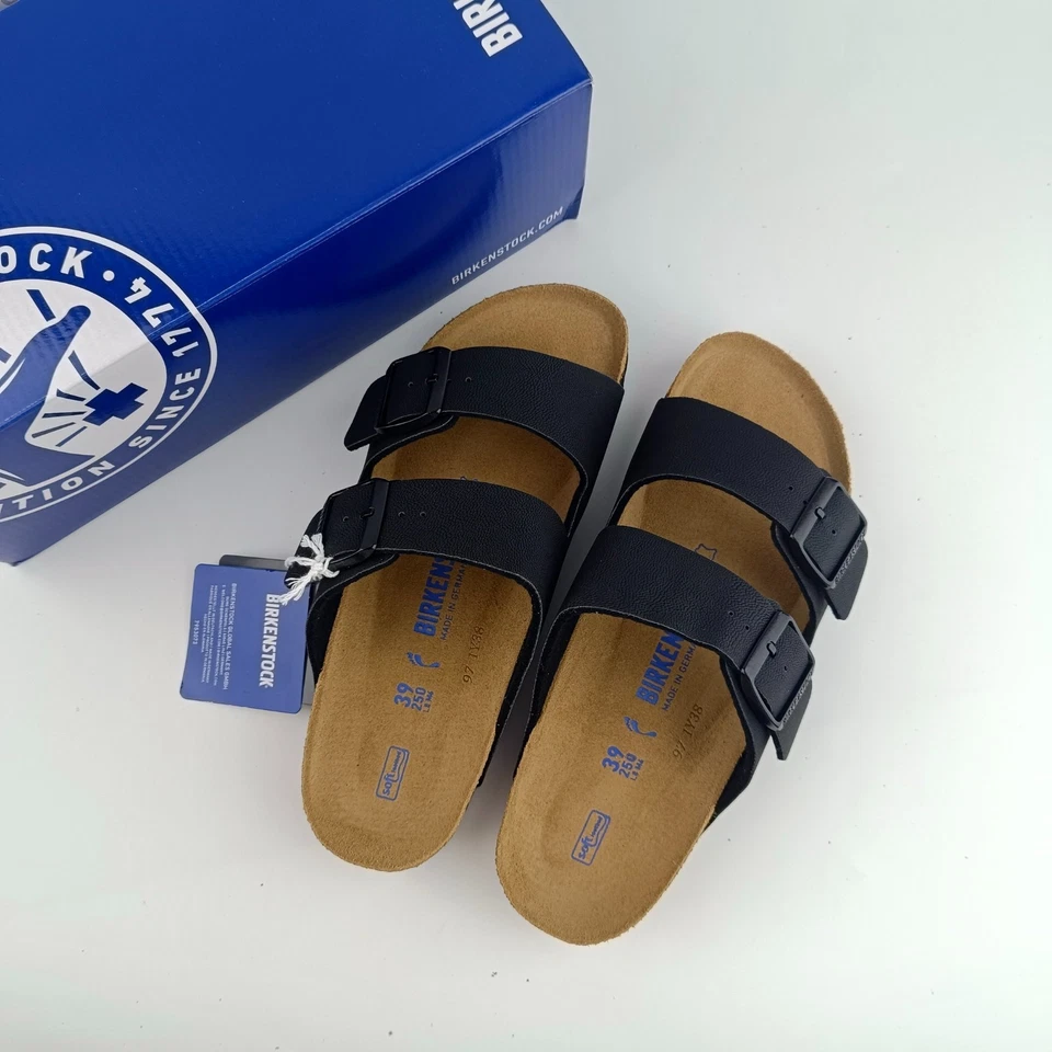 Sandálias de couro Birkenstock Arizona preto Birko-Flor conforto sapatos femininos masculinos - Imagem 4 de 4