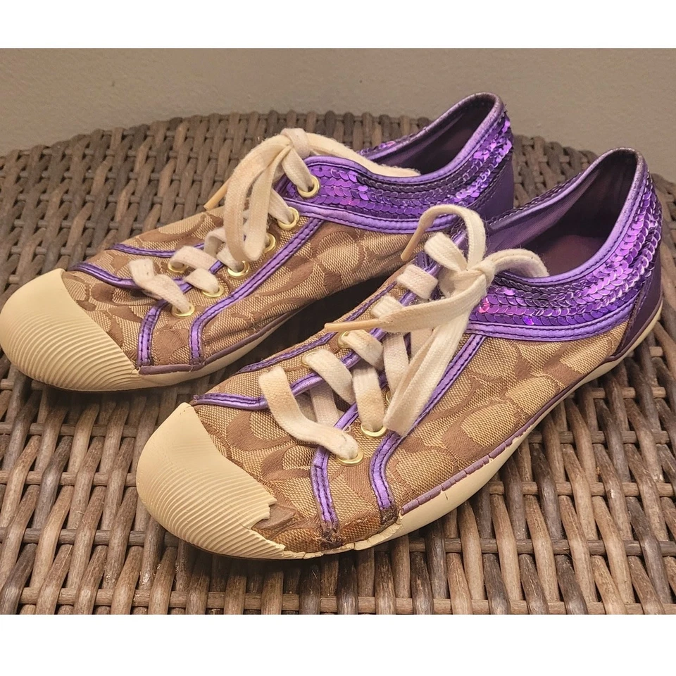 Zapatillas Coach Zorra A1412 Logo 8.5 Marrón Lona Púrpura Lentejuelas Ribete Envejecido Foto 3 de 4