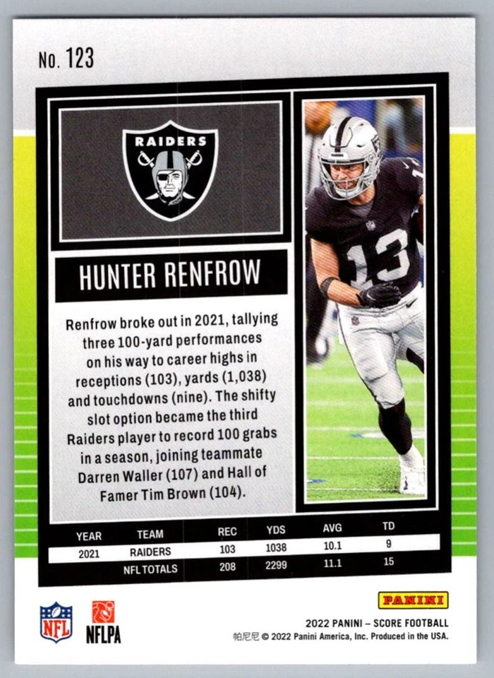 2022 Score Hunter Renfrow Las Vegas Raiders #123 - Image 2 of 2