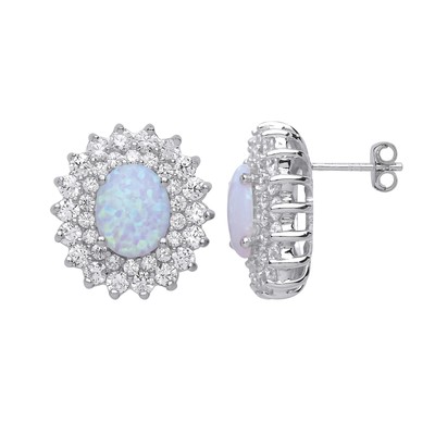 Silver Jewelco London Oval Opal Royal Cluster Stud Earrings