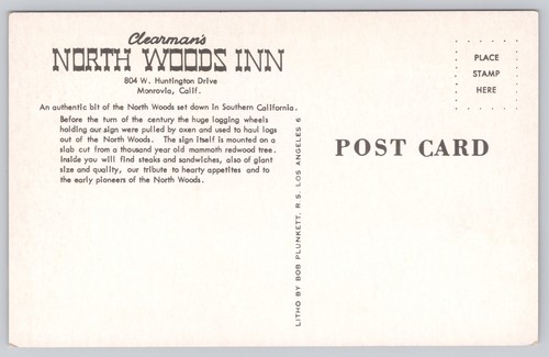 Postal Monrovia California Clearman's North Woods Inn restaurante c1960s - Imagen 2 de 2