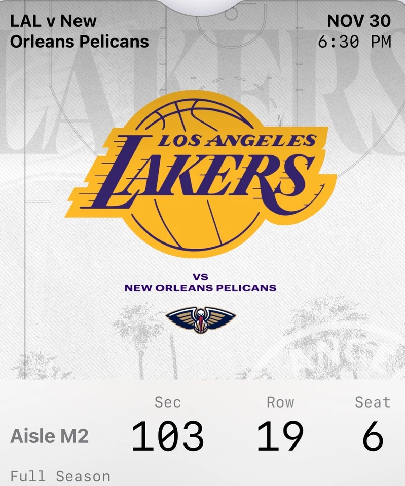 LA Lakers v New Orleans Pelicans Sec 103 fila 19 asientos 5 y 6 30 de noviembre de 2025 2 boletos Foto 2 de 2