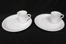 Lot of 2 White Porcelain Snack Plate & Cup Sets with Handles 9" Elegant