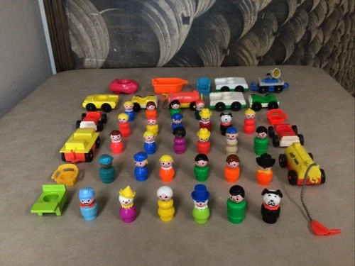 Vintage Fisher Price Little People Figures Lot of 28 Wood Plastic Toys & Vehicle