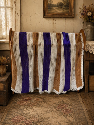 Vintage Hand Crocheted Striped Throw Blanket Purple Taupe Cream  Afghan Cozy