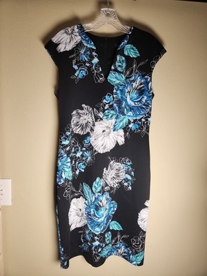 connected apparel dress Sz 10 Stretch Black With Blue Flowers Sleeveless