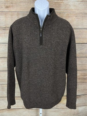 L.L.Bean Sweater Mens Sz Large Brown Merino Lambswool 1/4 Zip Mock Neck Rib Knit
