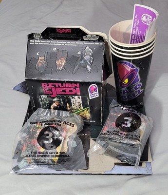96 Taco Bell Star Wars Trilogy Kids Meal Boxes used Set of 5 + toys + 5 Cups