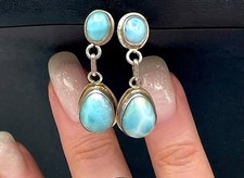Vintage Sterling Silver LARIMAR CABOCHON 4 Stone Pierced Dangle Earrings 4g