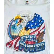 Vintage Feel The Power Eagle USA All Over T-Shirt Large White Graphic Print