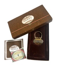Vtg Gucci Keychain Key Ring Silver Gold 2 Tone Rigato Shield W Box