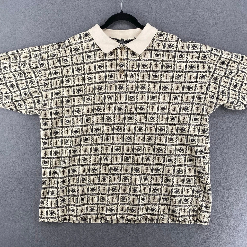 Polo Hawaiano Deportivo De Colección Años 90 Y2K 00s OP Para Hombres XL Crema Negro Floral Algodón Foto 4 de 4
