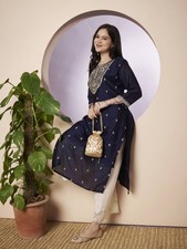 Women Blue Kurta Embroidered Silk Blend Bollywood Kurti Top Tunic Dress NEW