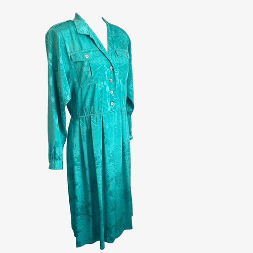 Vintage 80s Leslie Fay Teal Floral Embossed Jacquard Satin Pleated Shirt Dress - Picture 7 of 18