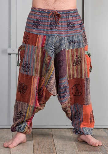 Freesize Stonewash Cotton Patchwork Aladdin Pants - Picture 2 of 3