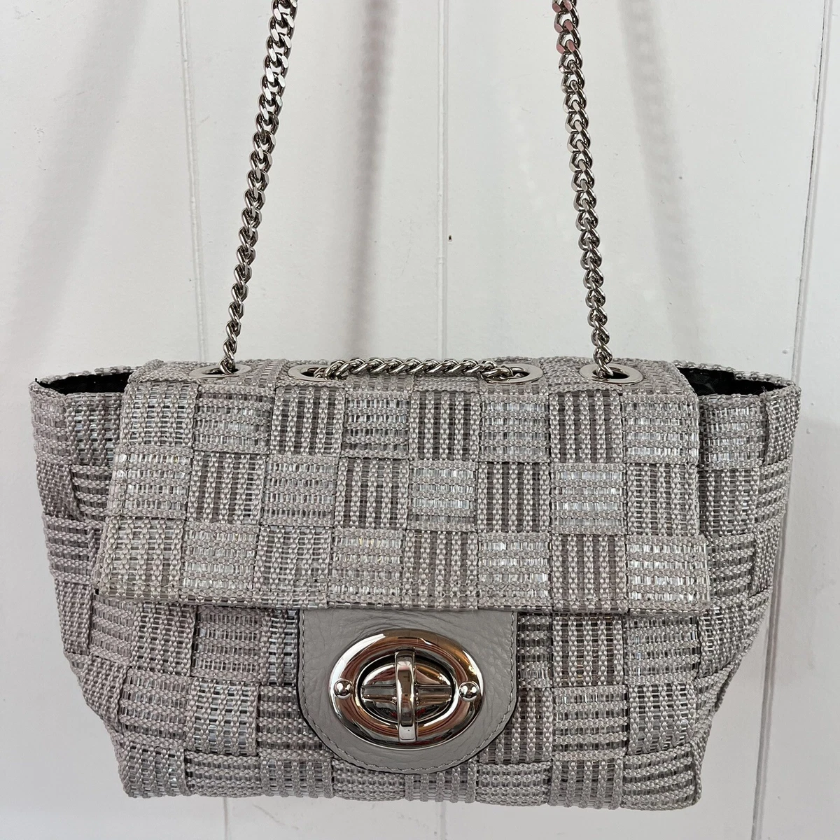 Alma Tonutti Silver Woven Purse Bag with Silver Chain Shoulder Strap NEW