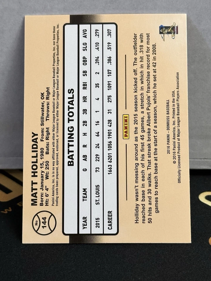 Donruss Matt Holliday 2016 raro borde rosa paralelo #144 paquete Cardinals fresco Foto 2 de 2