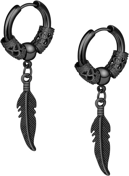 Pendiente Hipoalergénico Titanio Vikingo Punk Pluma Bola Círculo Halloween Unisex Foto 2 de 4