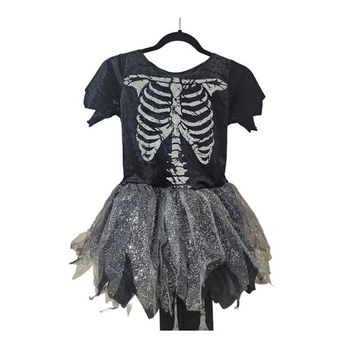 Girls Glitter Skelton Halloween Costume Dress Tights Hair Bow NEW Sz Large 10/12 - Picture 2 of 10