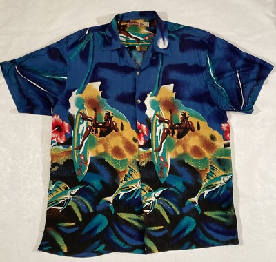 Vintage Thums UP Surfing Hawaiian Aloha Camp Shirt Surf Fish Hibiscus Medium