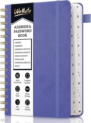 WEMATE Spiral Address Book with Alphabetical Tabs, Leather Password Book, Addres