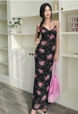 Summer new sexy low-cut V-neck personalized flower print mesh suspender dress 
