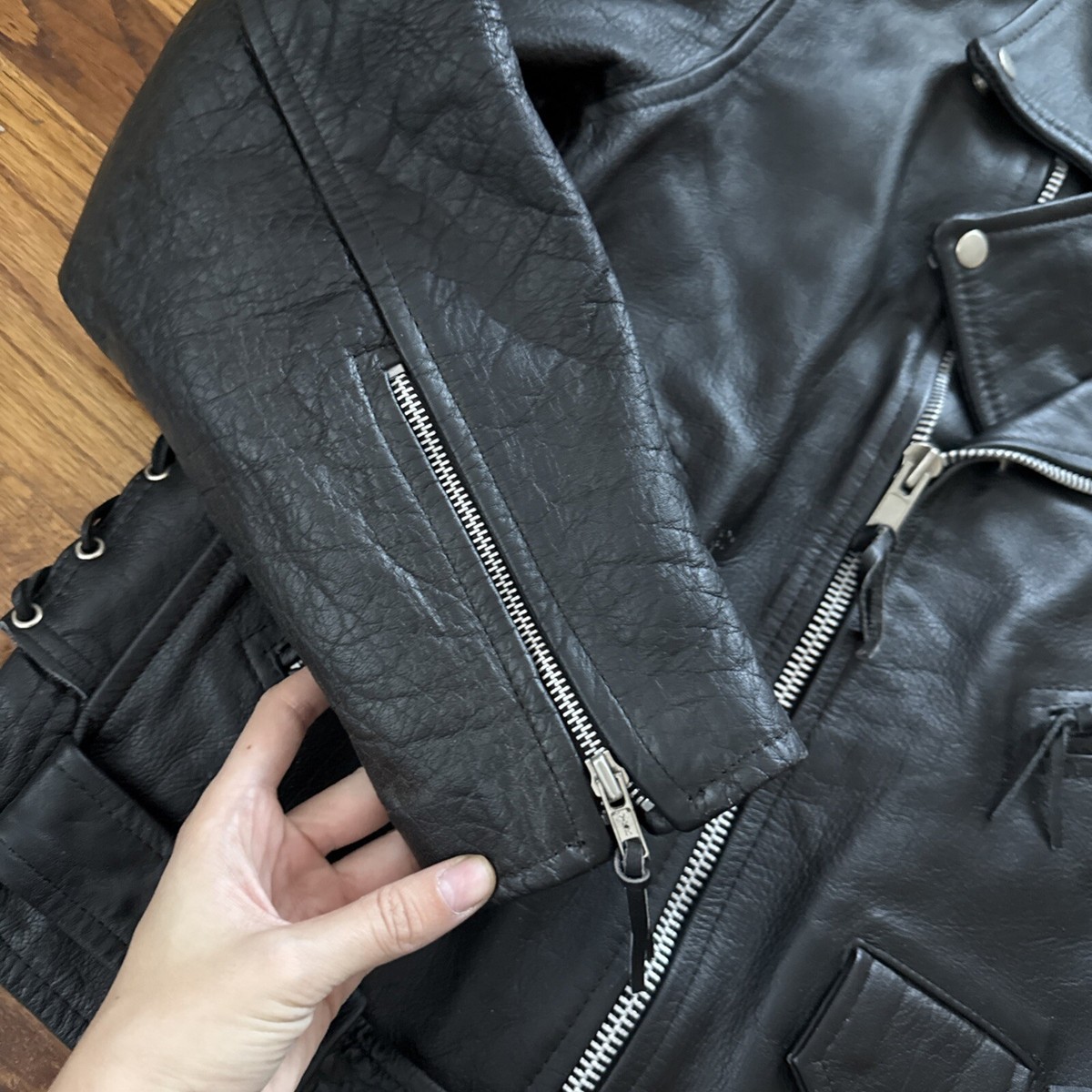Vintage 4 Star Black Leather Belted Biker Jacket Motorcycle Vintage 4 Star Black Leather Belted Biker Jacket Motorcycle